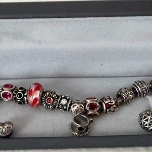 Pandora -Elegant Silver and Red Charm Bracelet 7.5 Size .
